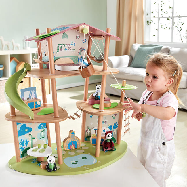 Hape: Pandas Bamboo House - 25pc Wooden & Bamboo 3 Level Doll House - Woodens - 2