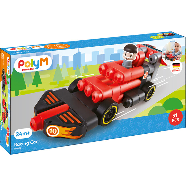 Hape: PolyM: Racing Car - Black & Red - 31pc Building Blocks Toy Set w/ Figurine