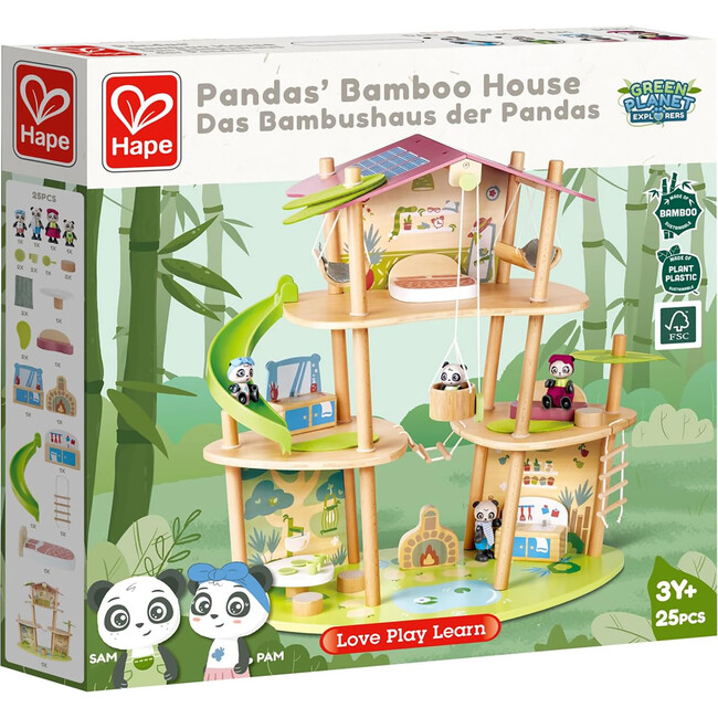 Hape: Pandas Bamboo House - 25pc Wooden & Bamboo 3 Level Doll House - Woodens - 3