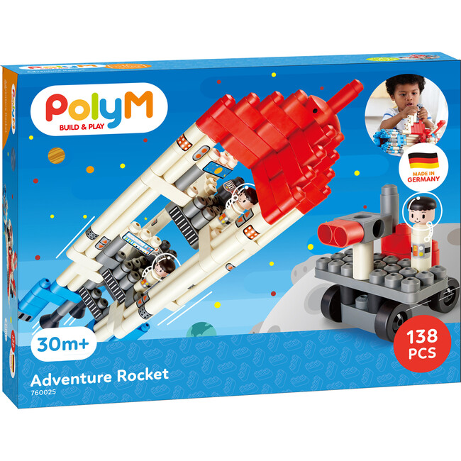 Hape: PolyM: Adventure Rocket - Red-Blue-White - 138pc Building Block Toy Set - Woodens - 2