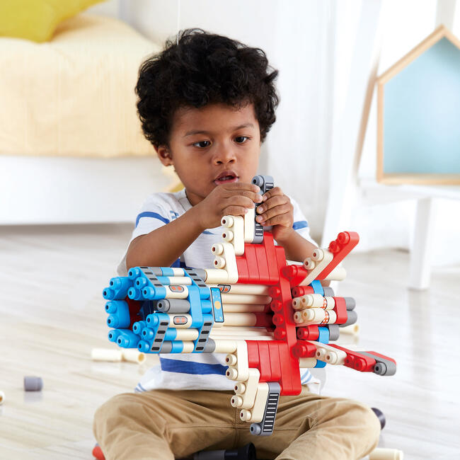 Hape: PolyM: Adventure Rocket - Red-Blue-White - 138pc Building Block Toy Set - Woodens - 3