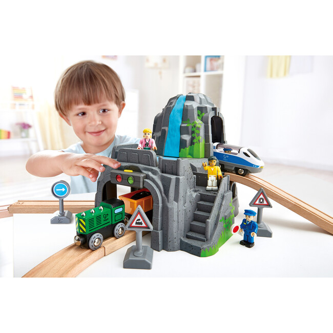 Hape: Light & Sound Mountain Tunnel Set - Rock Mountain Formation & Train Track - Woodens - 2