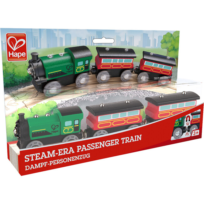 Hape: Steam-Era Passenger Train - Green & Red - 3pc Wooden Locomotive Toy