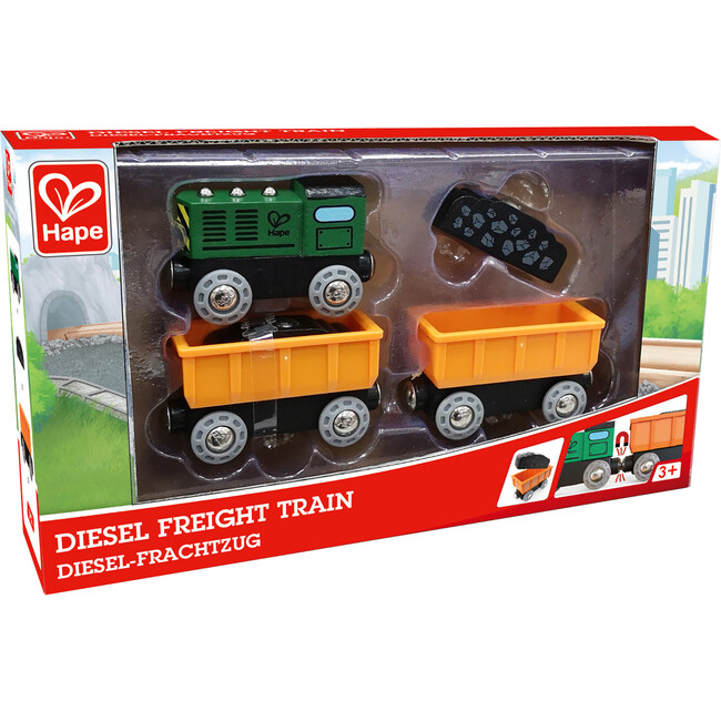 Hape: Diesel Freight Train- Green & Orange - 3pc Wooden Locomotive Toy