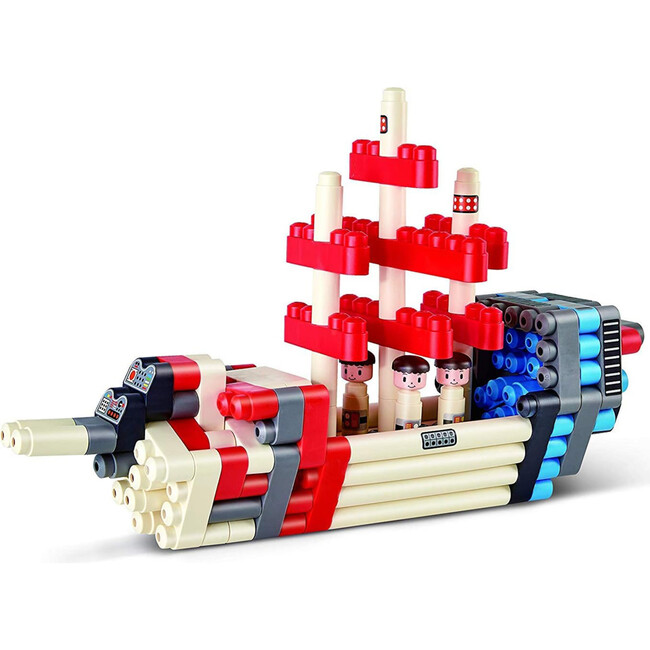 Hape: PolyM: Adventure Rocket - Red-Blue-White - 138pc Building Block Toy Set - Woodens - 4