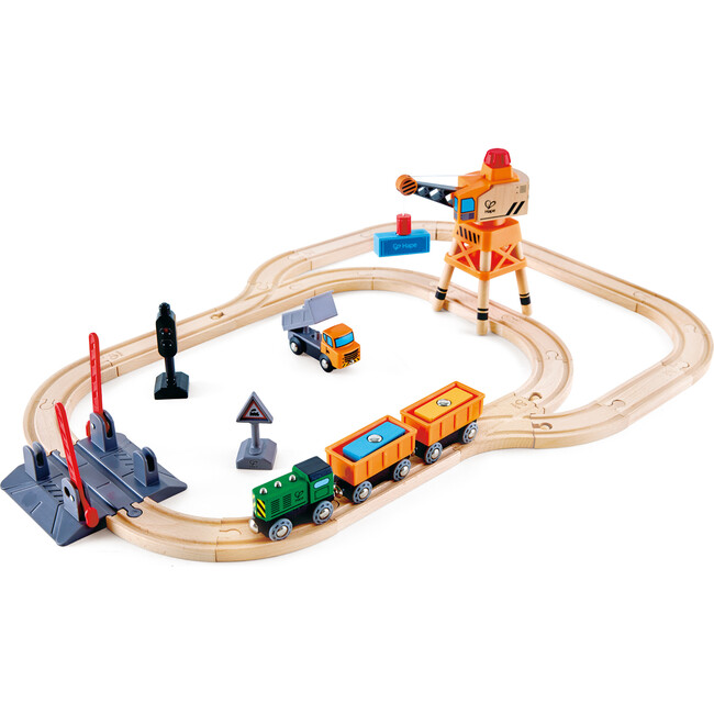 Hape: Crossing & Crane Set - 32pc Wooden Train Cargo Railroad Yard