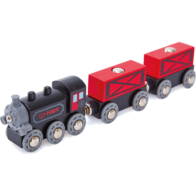 Hape: Steam-Era Freight Train - Red & Black - 3pc Wooden Locomotive Toy