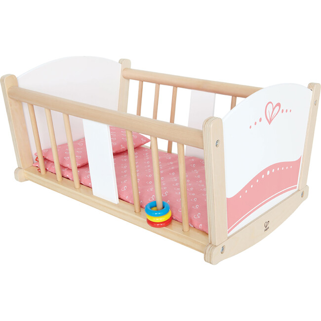 Hape: Rock-A-Bye Cradle - Pink & White - Baby Doll Sturdy Wooden Cradle