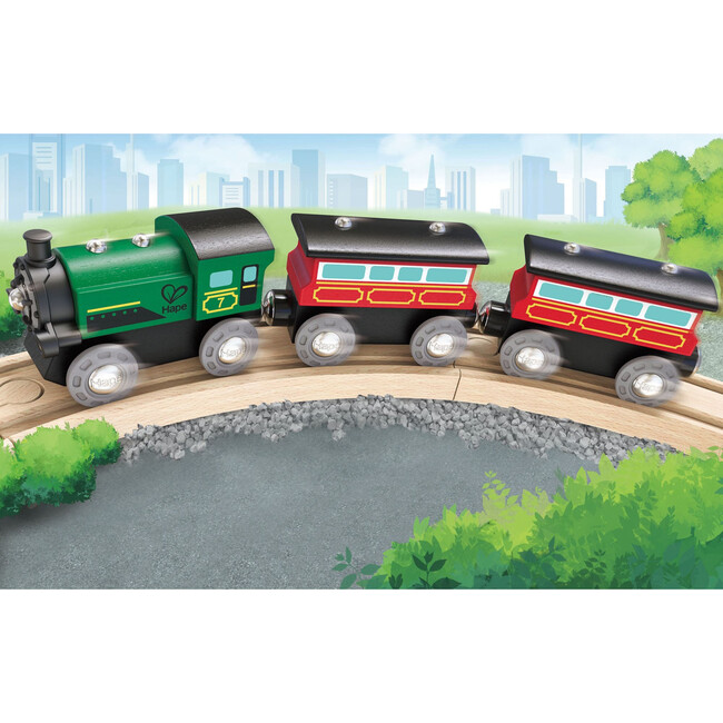 Hape: Steam-Era Passenger Train - Green & Red - 3pc Wooden Locomotive Toy - Woodens - 3