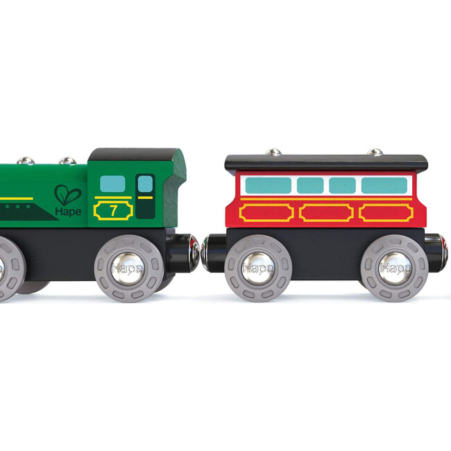 Hape: Steam-Era Passenger Train - Green & Red - 3pc Wooden Locomotive Toy - Woodens - 4