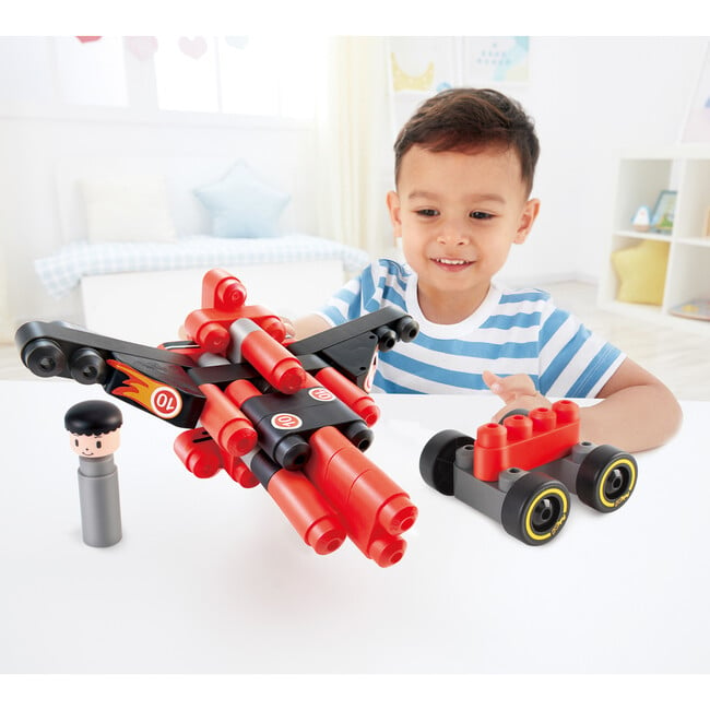 Hape: PolyM: Racing Car - Black & Red - 31pc Building Blocks Toy Set w/ Figurine - Woodens - 5