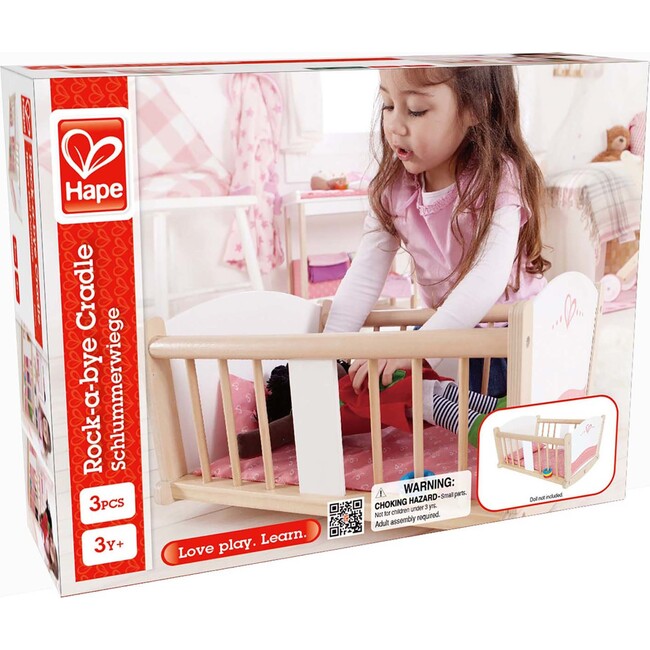 Hape: Rock-A-Bye Cradle - Pink & White - Baby Doll Sturdy Wooden Cradle - Woodens - 5