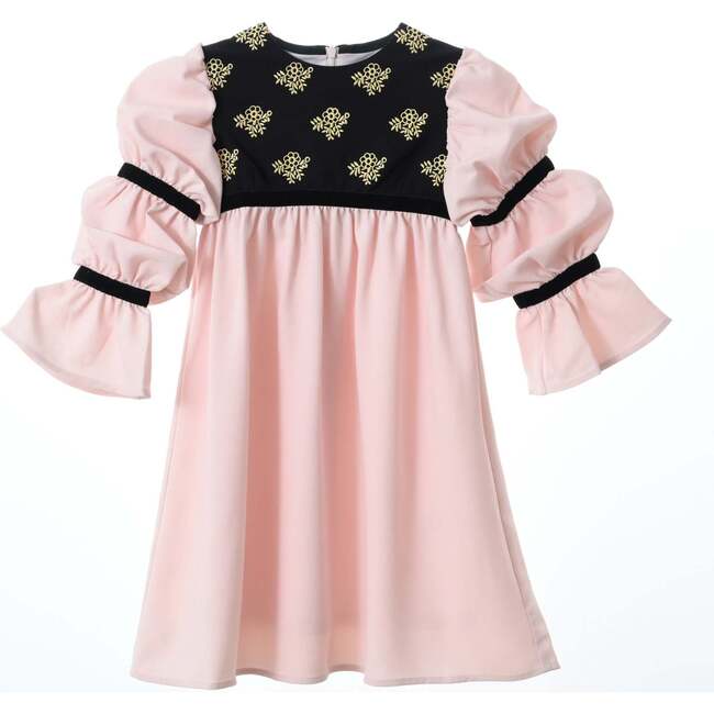 Bella Dress, Pink With Golden Embroidery Blooms