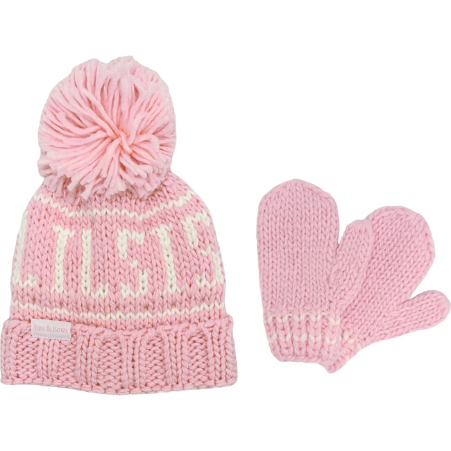 Lil Sis Bobble Hat & Mittens Set, Pink