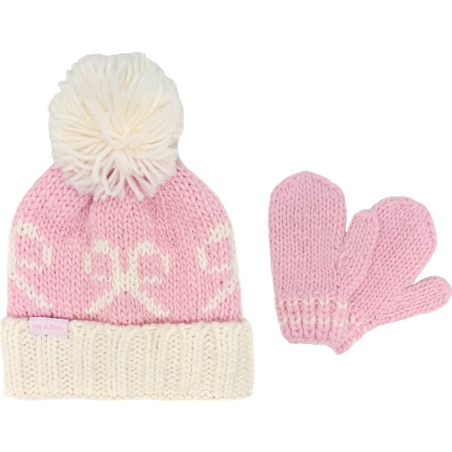 Bows Bobble Hat & Mittens Set, Pink