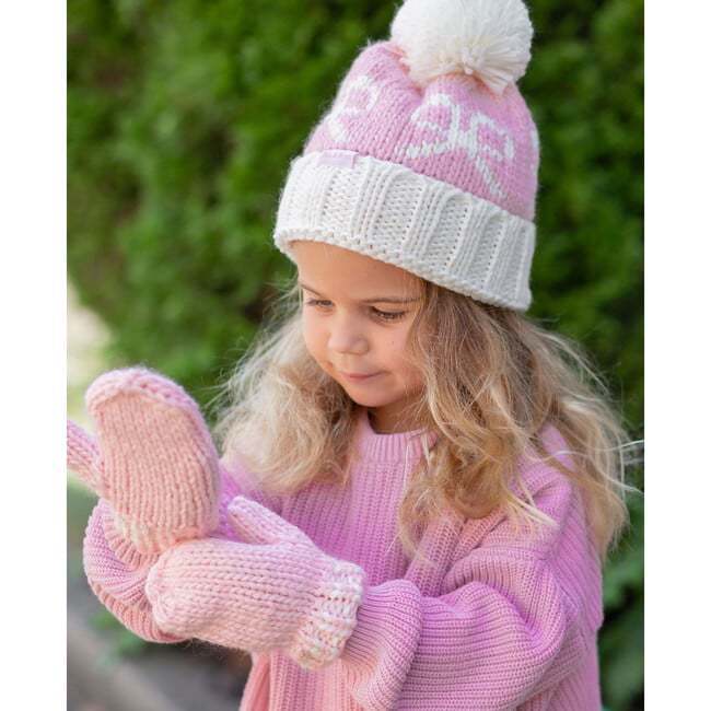 Bows Bobble Hat & Mittens Set, Pink - Hats - 3