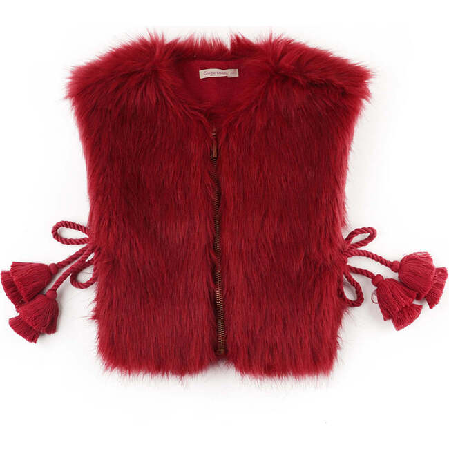 Girls Fur Side Rope Ties And Tassels Gilet, Red