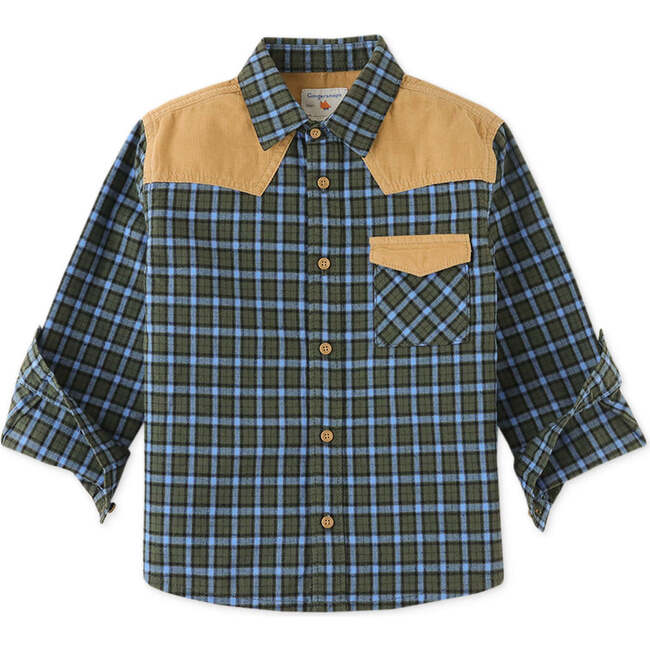 Checkered Woven Corduroy Combi Western Shirt, Multicolors - Shirts - 1