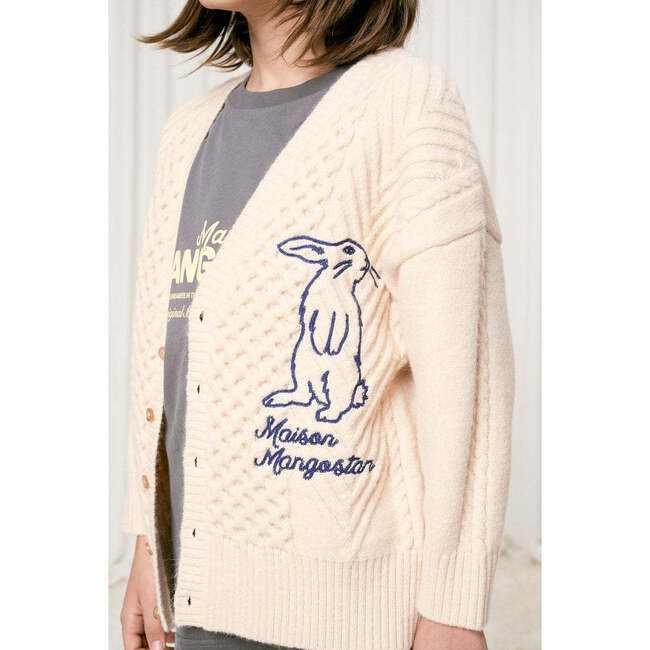 Embroidery Rabbit Knit Cardigan, Off White - Cardigans - 2