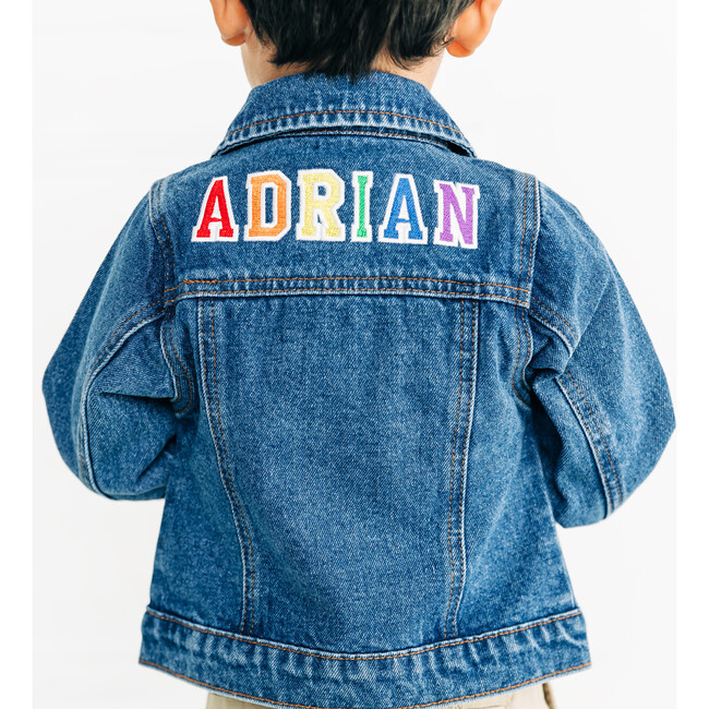 Custom Embroidered Washed Denim Jacket, Deep Blue & Rainbow