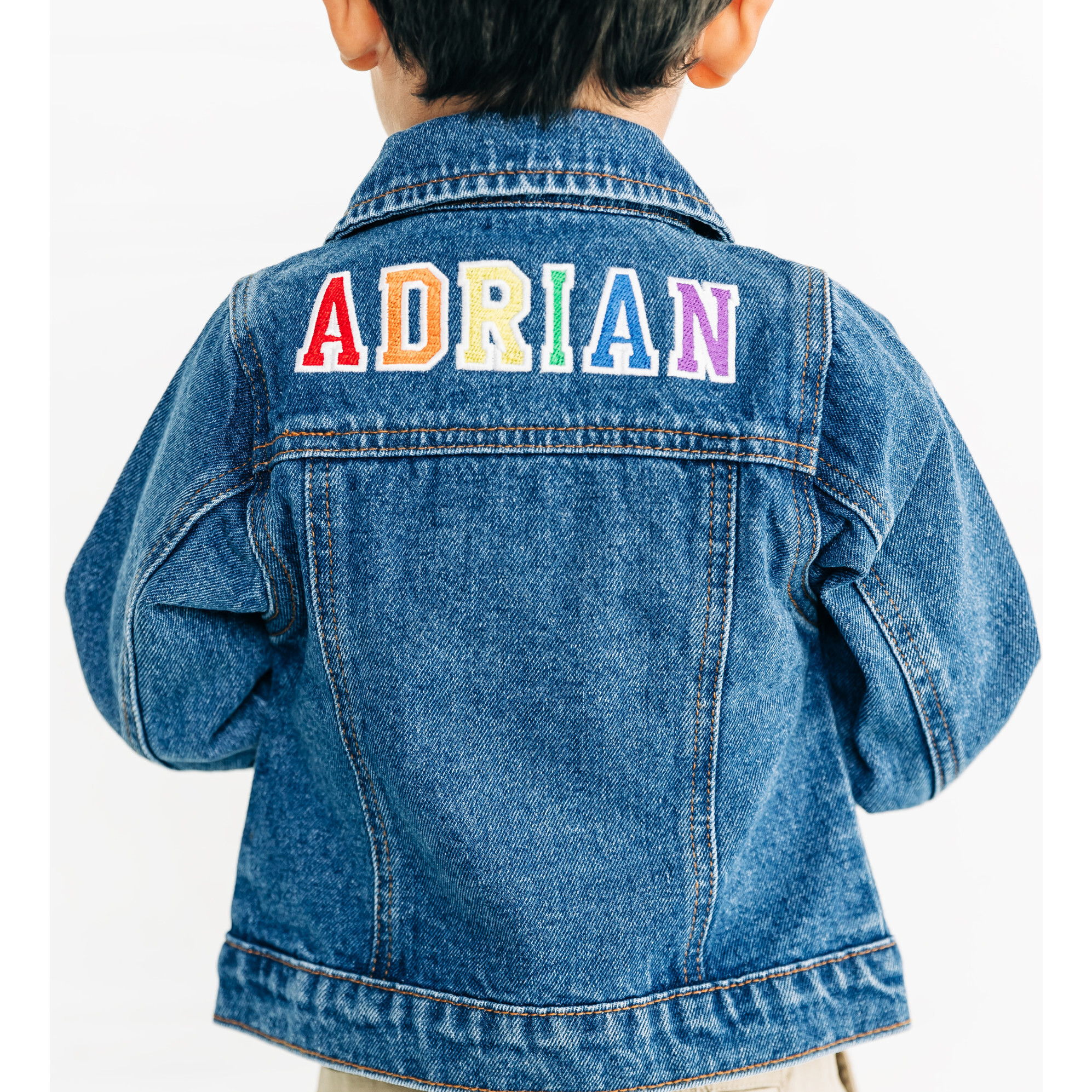 Custom Embroidered Washed Denim Jacket, Deep Blue & Rainbow - Jackets - 1