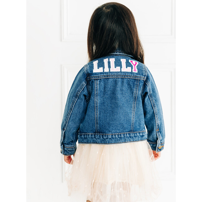 Custom Embroidered Washed Denim Jacket, Deep Blue & Pink Ombre