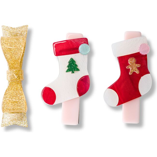 Stockings Red White and Glitter Gold Hair Clips