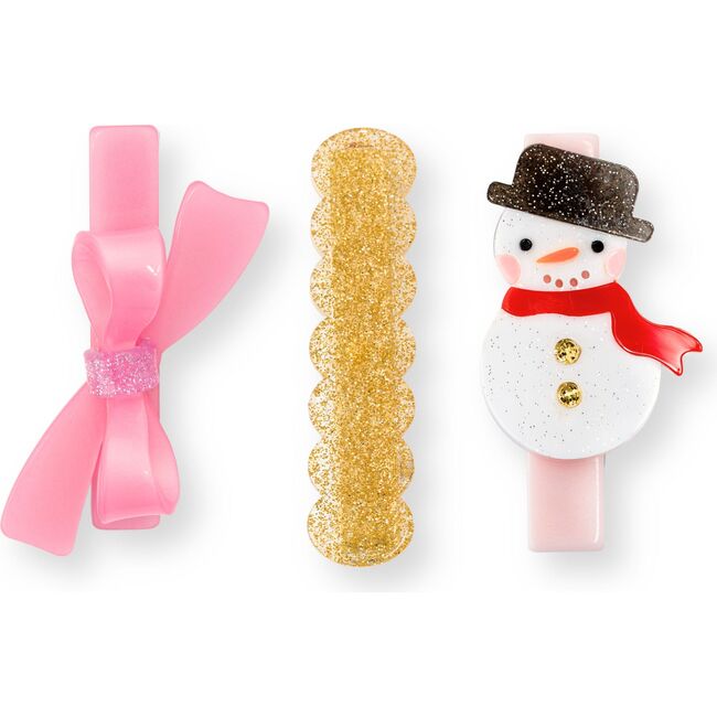 Snowman Pink Bow Hair Clips Set