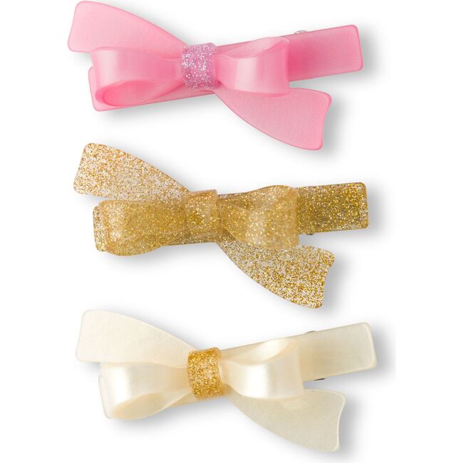 Bows Pink Glitter Gold and Pearl Hair Clips