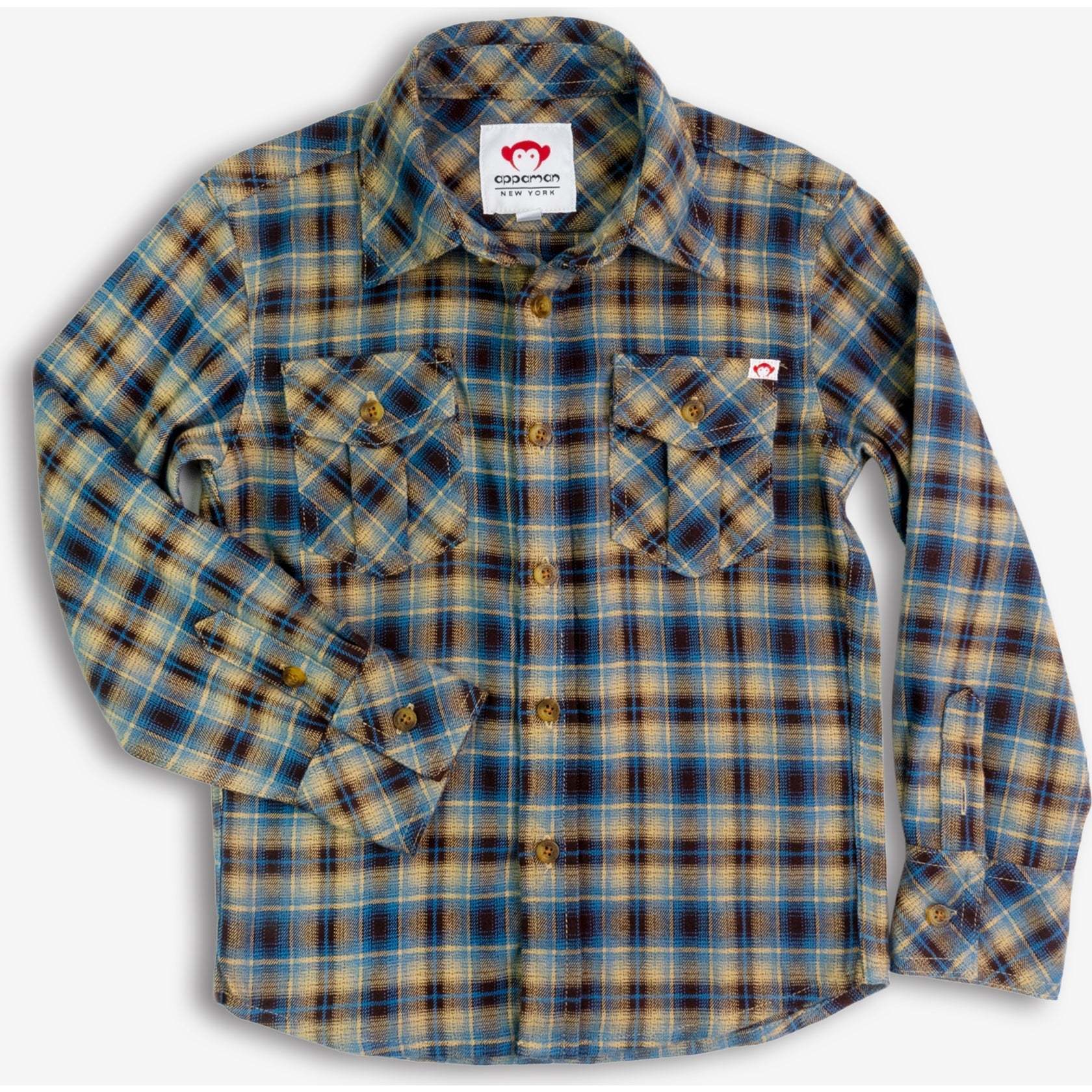 Flannel Shirt, Chocolate/Blue Plaid - Shirts - 1