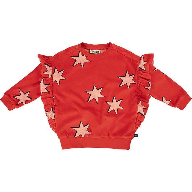 Star Graphic Print Velvet Crew Neck Ruffle Down Long Sleeve Sweatshirt, Red