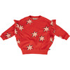 Star Graphic Print Velvet Crew Neck Ruffle Down Long Sleeve Sweatshirt, Red - Sweatshirts - 1 - thumbnail