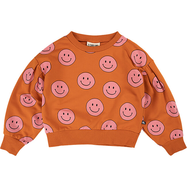 Happy Faces Graphic Print Crew Neck Long Sleeve Sweatshirt, Orange