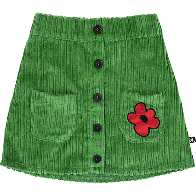 Floral Print Corduroy Elastic Waistband 2-Front Pockets Button-Down Skirt, Green