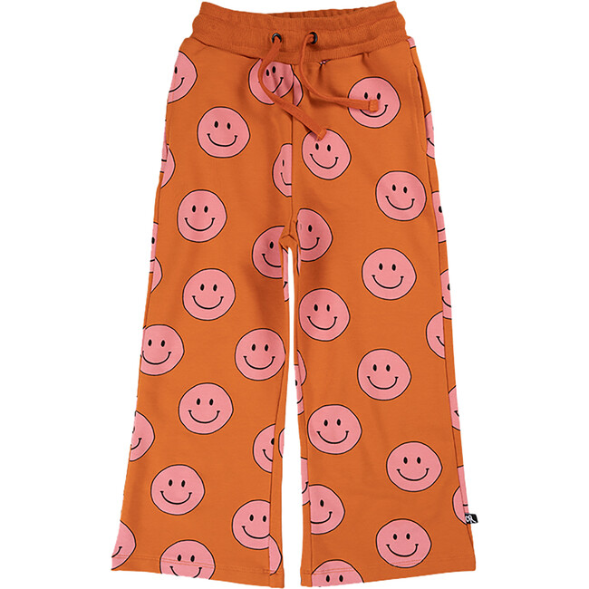 Happy Faces Print Elastic Waistband Drawstring Pockets Sweatpants, Orange