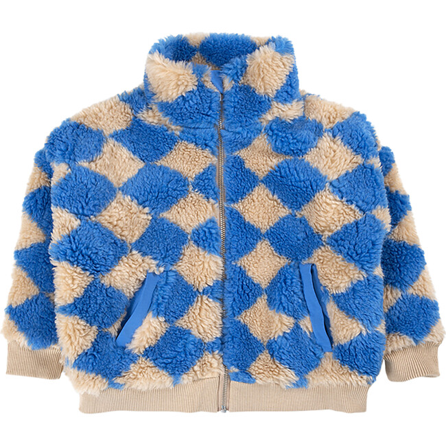 Fuzzy Pattern Sherpa Mock Neck 2-Front Pockets Zipper Jacket, Blue & Cream