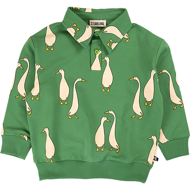 Duck Graphic Print Polo Collar Long Sleeve Button Sweatshirt, Emerald