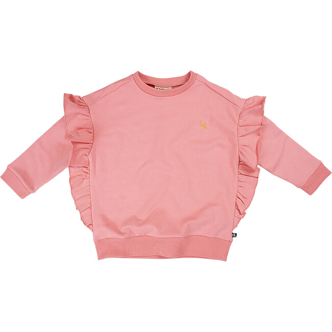 Crew Neck Ruffle Down Long Sleeve Sweatshirt, Bubblegum Pink