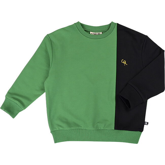 Colorblock Pattern Crew Neck Long Sleeve Sweatshirt, Black & Emerald