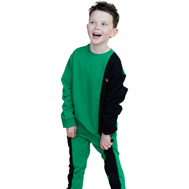 Colorblock Pattern Crew Neck Long Sleeve Sweatshirt, Black & Emerald - Sweatshirts - 2