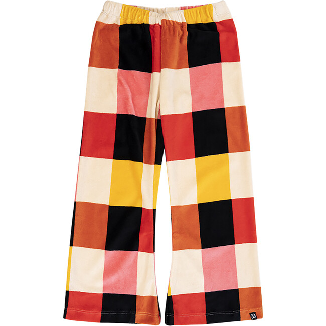 Checkered Pattern Velvet Elastic Waistband Wide Leg Flared Pants, Multicolors