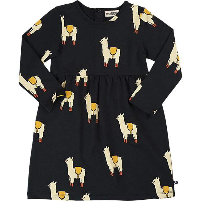 Alpaca Graphic Print Peplum Detail Round Neck Long Sleeve Dress, Black