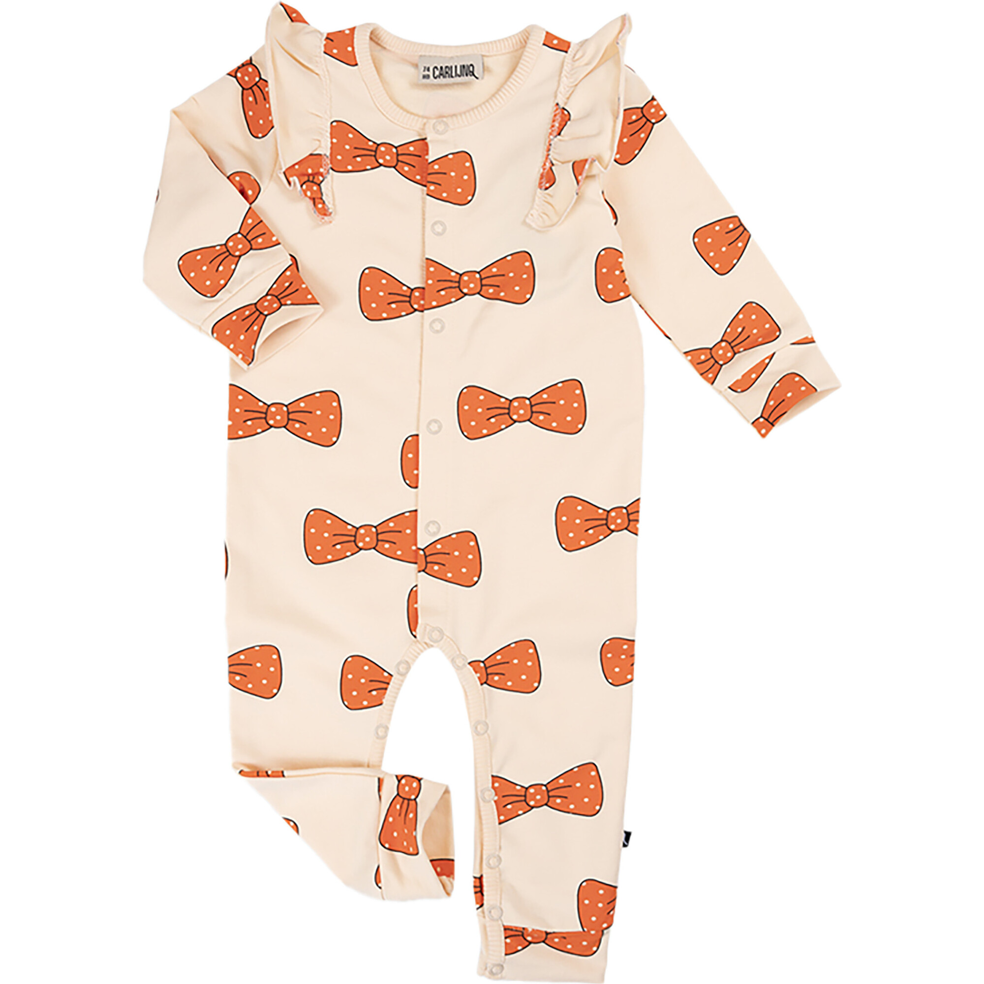 Bows Graphic Print Ruffle Shoulder Long Sleeve Snap Romper, Cream & Orange - Rompers - 1
