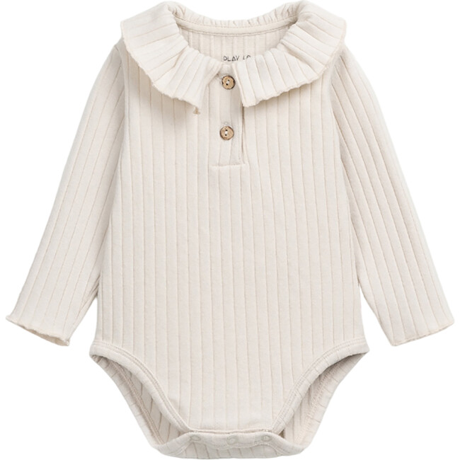 Ribbed Flutter Collar 2-Neck Button Long Sleeve Snap Onesie, Cream