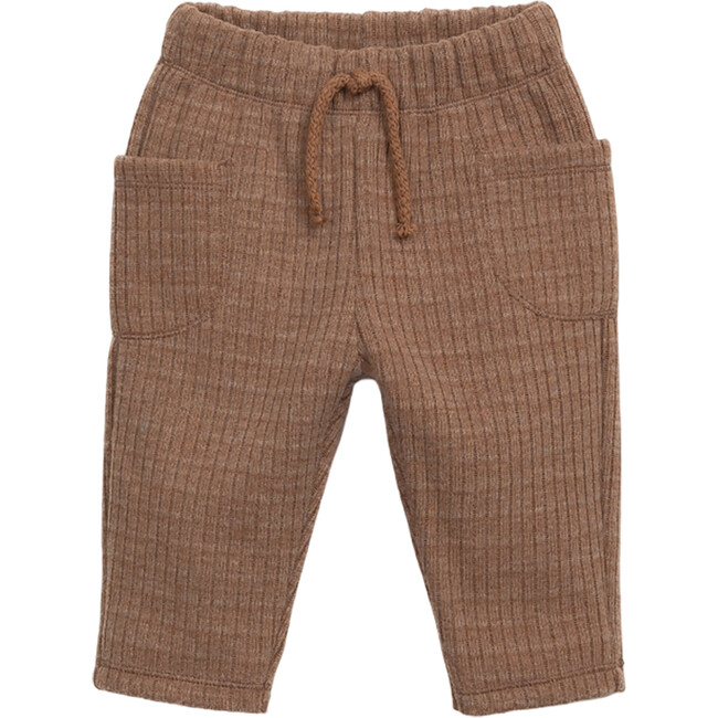 Woven Elastic Waistband Drawstring 2-Side Pockets Pant, Brown - Pants - 1