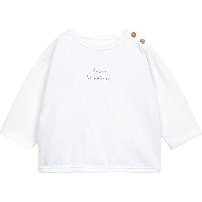 Wording Graphic Print Crew Neck Long Sleeve 2-Button Shoulder T-Shirt, White - T-Shirts - 1