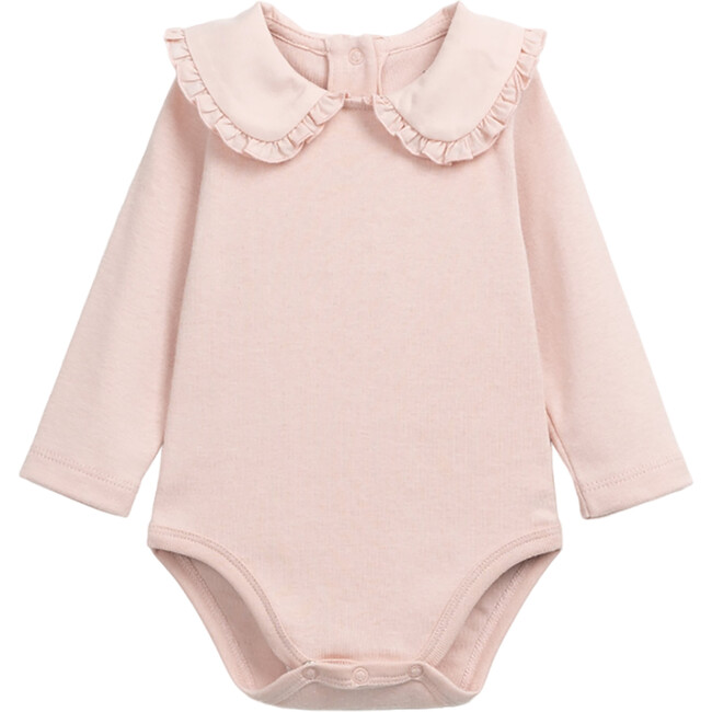 Organic Cotton Ruffle Edge Collar Long Sleeve Back Button Snap Onesie, Pink