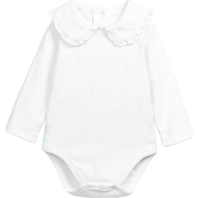 Organic Cotton Ruffle Edge Collar Long Sleeve Back Button Snap Onesie, White