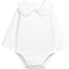 Organic Cotton Ruffle Edge Collar Long Sleeve Back Button Snap Onesie, White - Onesies - 1 - thumbnail