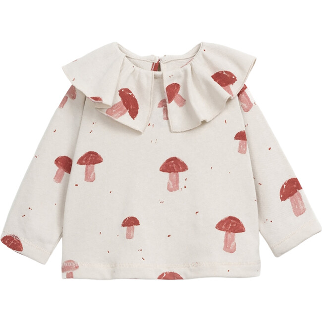 Mushroom Print Round Ruffle Collar Long Sleeve Back Button T-Shirt, Cream